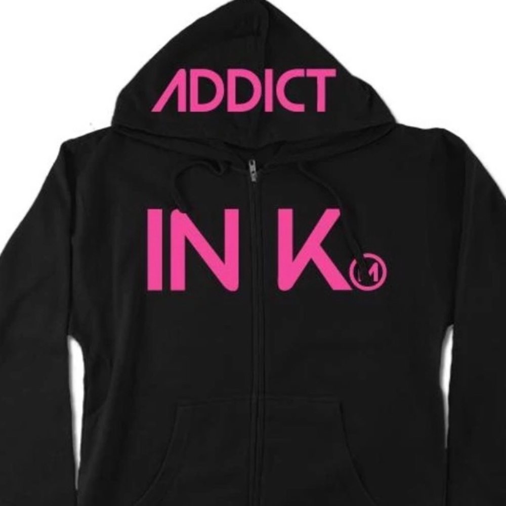 Womens lightweight zip up hoodie with thumb holes grey/black with pink writing